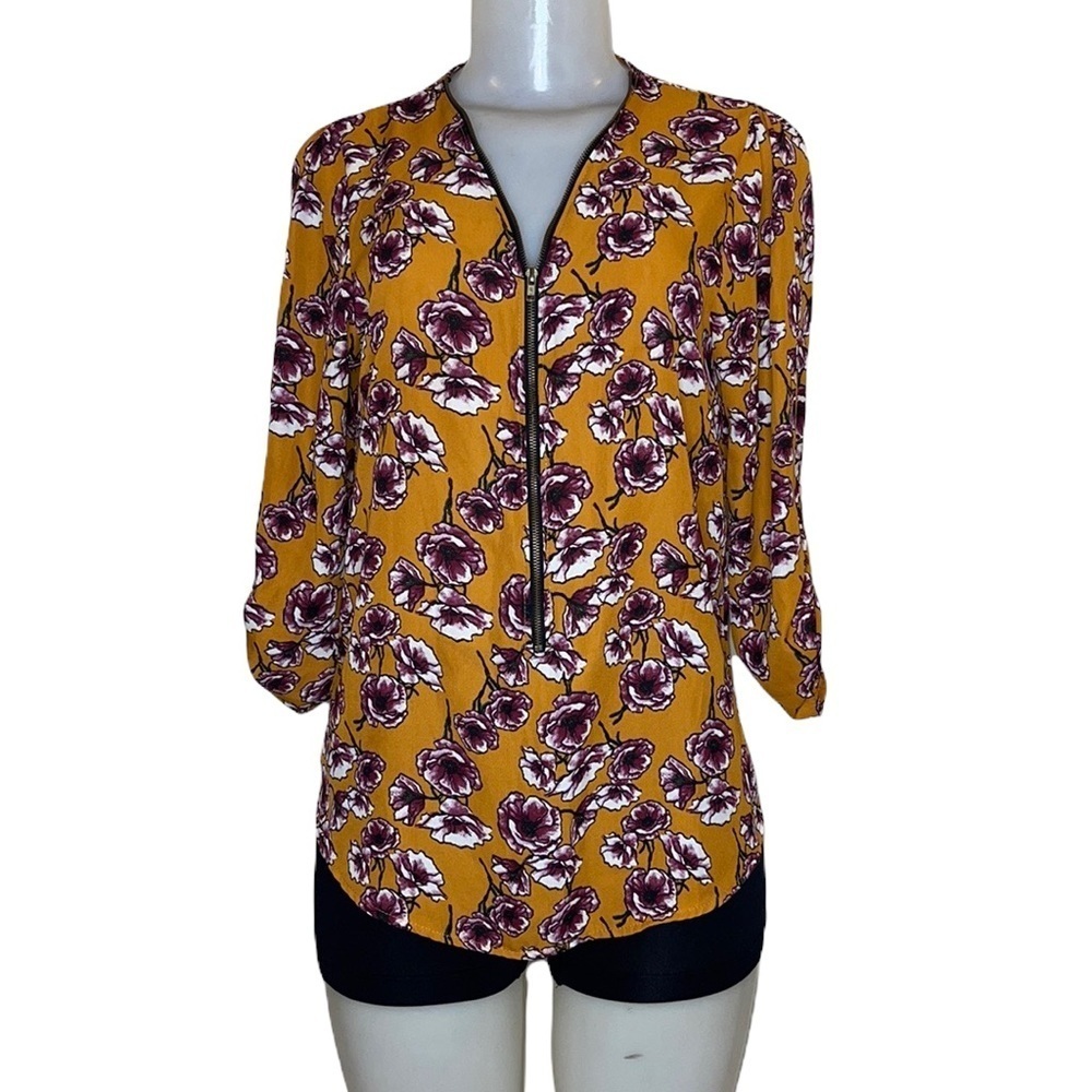 Women's Mustard Floral Zip-Front Blouse Size M